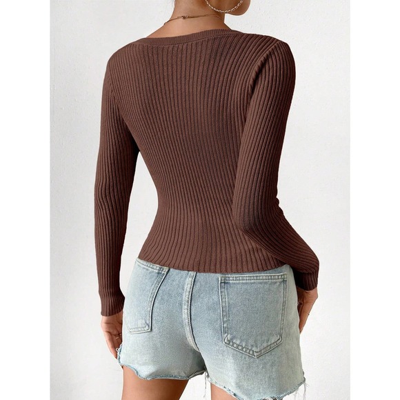 minimalist Ribbed Knit Button down Cropped Cardigan sweater black - Picture 7 of 11